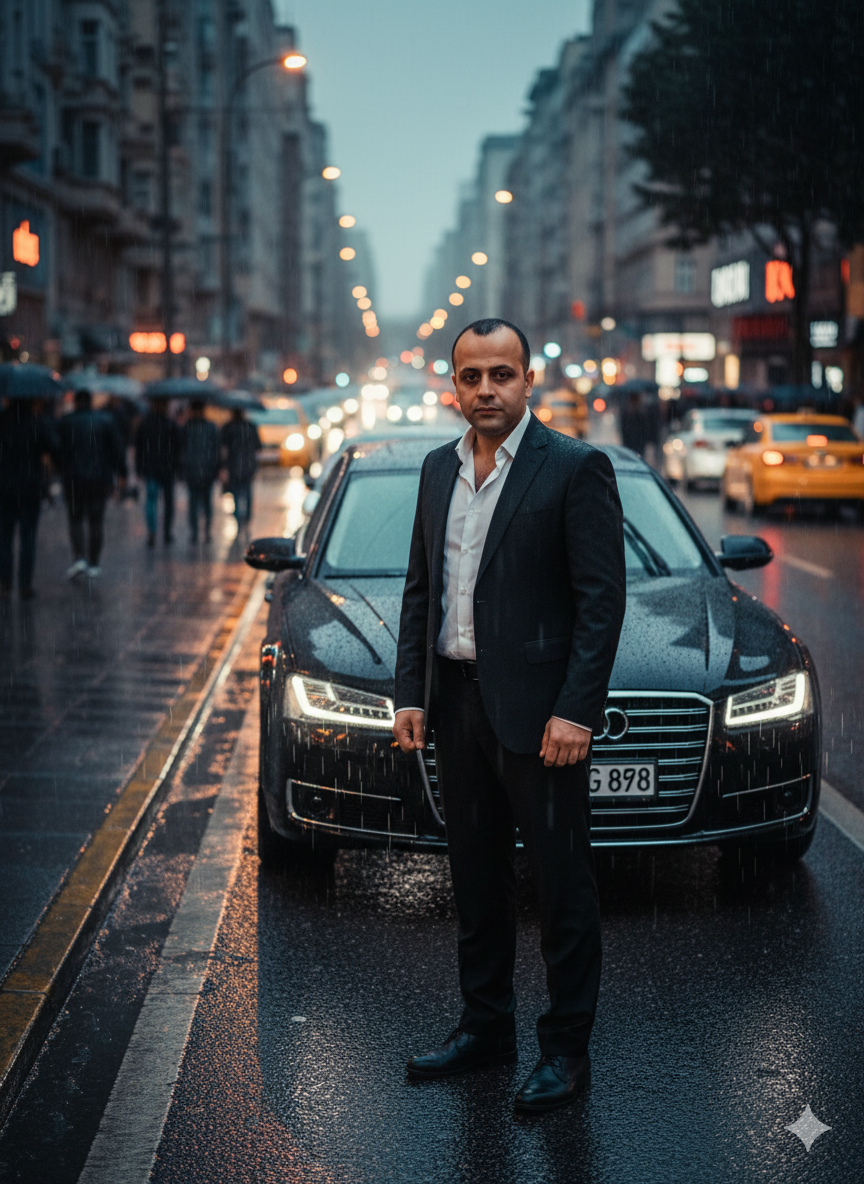 Moody Man, Sleek Car, Rainy City