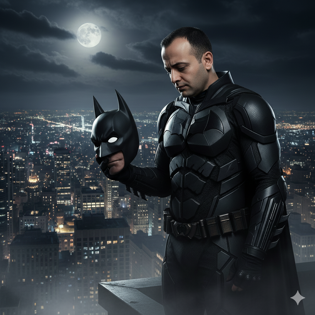 Batman Mask Reflection On Rooftop